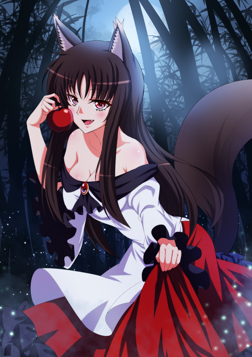1girl absurdres animal_ears apple backlighting bamboo bamboo_forest bare_shoulders black_hair blush breasts brooch cleavage dress fang fireflies food forest frilled_sleeves frills fruit full_moon hanging_breasts highres holding holding_fruit imaizumi_kagerou jewelry koissa large_breasts layered_dress long_hair long_sleeves looking_at_viewer moon moonlight nature night night_sky off-shoulder_dress off_shoulder outdoors red_dress red_eyes shiny shiny_hair shiny_skin skirt_hold sky smile solo tail tongue touhou very_long_hair white_dress wolf_ears wolf_tail