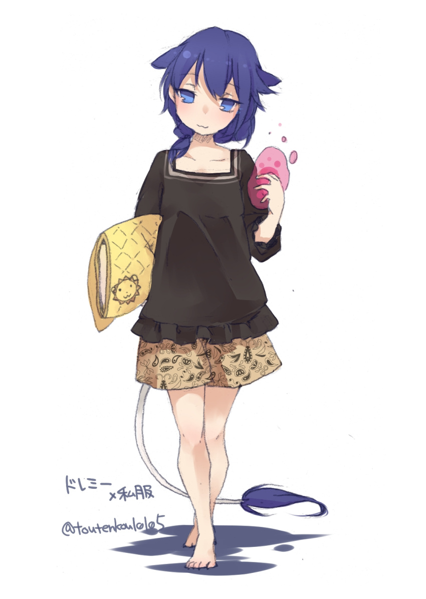 1girl alternate_costume barefoot blob blue_eyes blue_hair blush character_name contemporary doremy_sweet dream_soul full_body head_tilt highres long_sleeves looking_at_viewer pillow shirt simple_background skirt smile solo tail tapir_ears tapir_tail text touhou toutenkou twitter_username white_background