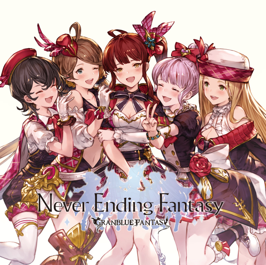 5girls :d ;d ahoge album_cover bangs bare_shoulders black_hair black_skirt blonde_hair blue_eyes blush bow bracelet breasts brown_hair canna_(granblue_fantasy) cleavage collarbone cover detached_sleeves diantha_(granblue_fantasy) diola_(granblue_fantasy) flower girl_sandwich gloves granblue_fantasy green_eyes hair_between_eyes hair_bow hair_bun hair_ornament harie_(granblue_fantasy) hat heart hug idol jewelry large_breasts leg_up linaria_(granblue_fantasy) long_hair looking_at_another looking_at_viewer medium_breasts minaba_hideo miniskirt multiple_girls navel official_art one_eye_closed open_mouth orange_eyes pink_hair puffy_short_sleeves puffy_sleeves red_bow red_rose redhead rose sandwiched short_hair short_sleeves side_ponytail simple_background skirt smile text thigh-highs unitard v white_background white_gloves white_legwear zettai_ryouiki