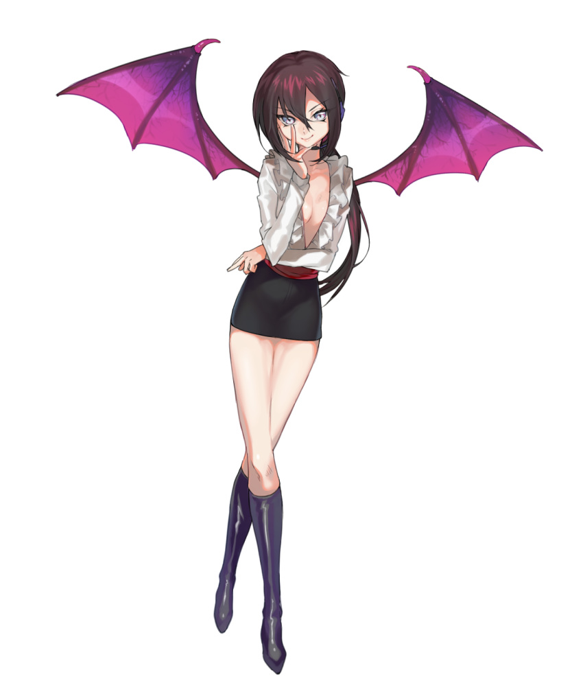 00s 1girl androgynous arm_rest bat_wings blue_eyes boots breasts frills full_body headphones lady_bat long_hair looking_at_viewer mermaid_melody_pichi_pichi_pitch microphone ponytail simple_background small_breasts smile solo tsurime v-neck white_background wings wntame