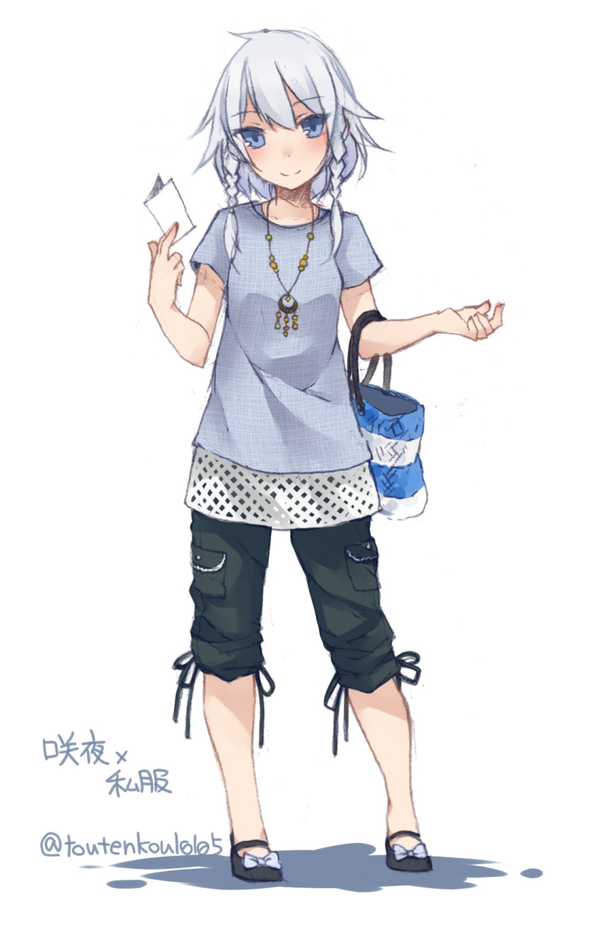 1girl alternate_costume bag blue_eyes braid character_name contemporary full_body handbag highres izayoi_sakuya jewelry looking_at_viewer mary_janes necklace pants shirt shoes short_sleeves silver_hair simple_background smile solo text touhou toutenkou twin_braids twitter_username white_background