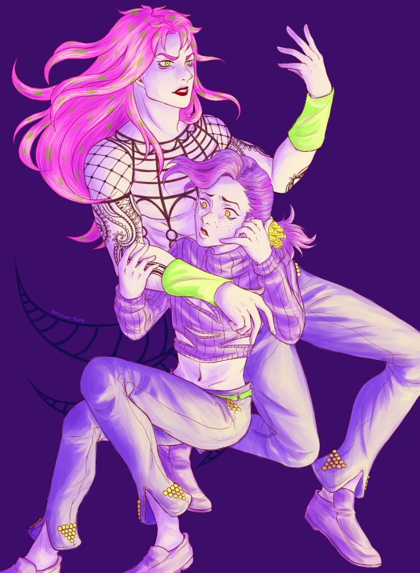 2boys artist_name black_lipstick crop_top diavolo freckles green_eyes hand_phone highres jojo_no_kimyou_na_bouken lipstick long_hair makeup male_focus midriff multiple_boys navel optimum-temp pink_hair polka_dot ponytail purple purple_hair ribbed_sweater scrunchie signature sweater tattoo turtleneck vinegar_doppio wristband yellow_eyes