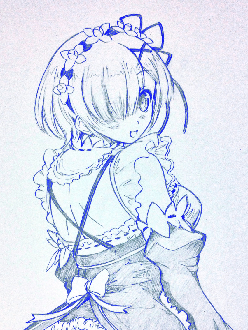 1girl :d detached_collar detached_sleeves from_behind gmbh hair_over_one_eye highres looking_at_viewer looking_back maid monochrome open_mouth re:zero_kara_hajimeru_isekai_seikatsu rem_(re:zero) shoulder_blades smile solo traditional_media