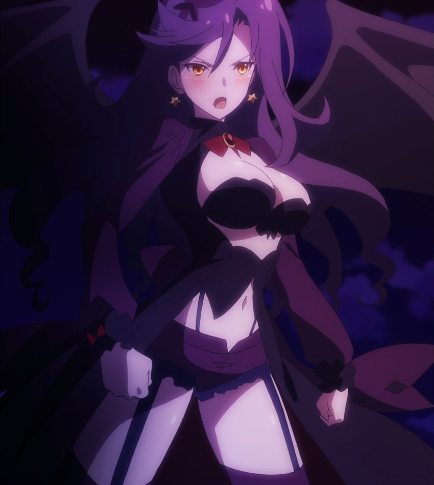 1girl almaria ange_vierge boots breasts cleavage demon_wings fang highres large_breasts long_hair purple_hair screencap thigh-highs thigh_boots wings yellow_eyes