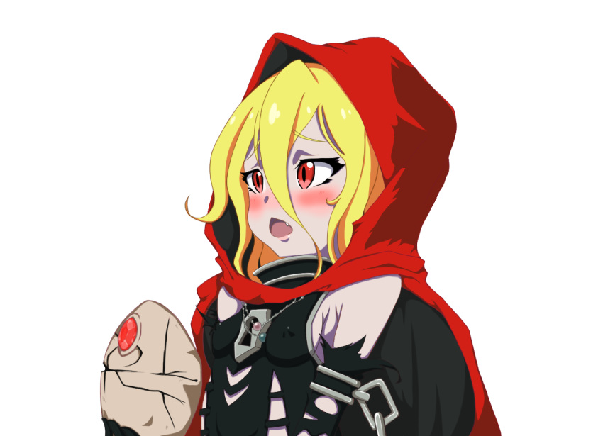1girl artist_request blonde_hair breasts cape chains collar detached_sleeves evileye fang hood lock mask overlord_(maruyama) red_eyes simple_background small_breasts solo white_background
