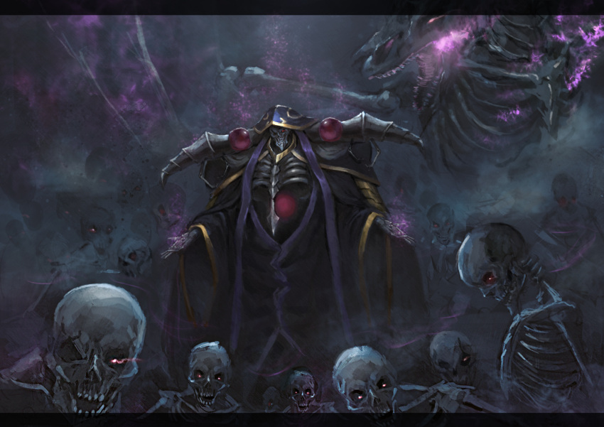 1boy ainz_ooal_gown artist_request bone collar dragon hood long_sleeves outstretched_arms overlord_(maruyama) red_eyes robe skeleton undead