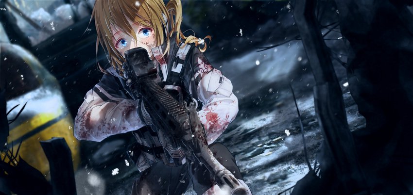 1girl aiming assault_rifle blonde_hair blood blood_on_face blood_splatter bloody_clothes blue_eyes blurry boyogo commentary dark depth_of_field dutch_angle gloves gun headphones highres load_bearing_vest long_hair military military_uniform night original rifle sad snow snowing soldier solo tearing_up uniform upper_body war weapon winter winter_clothes