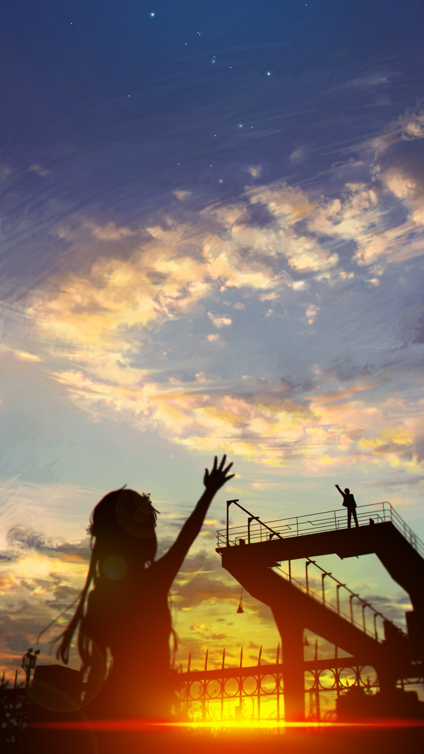 1boy 1girl arm_up backlighting blurry clouds e=mc2_(qq53712033) fence highres lens_flare long_hair original outdoors outstretched_arm silhouette sky standing star_(sky) sunset twilight waving