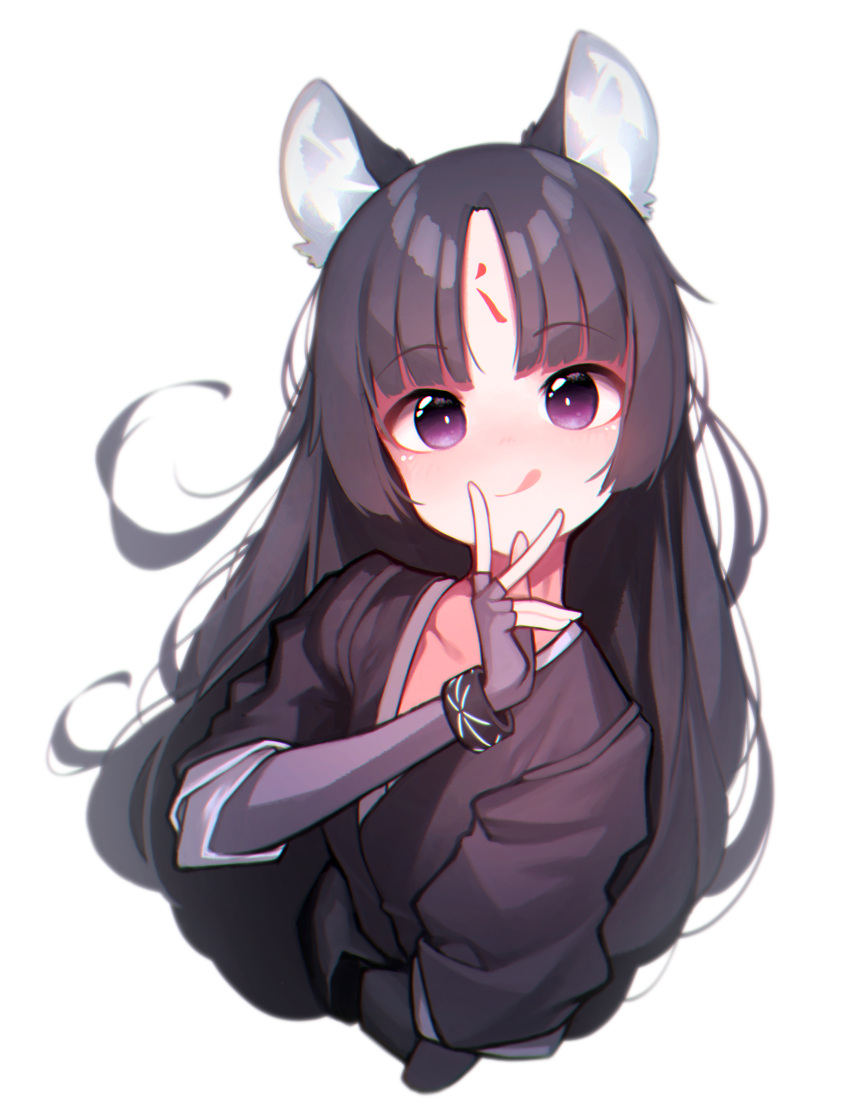 1girl :q absurdres animal_ear_fluff animal_ears arknights bangs beudelb black_hair black_kimono blush bright_pupils closed_mouth cropped_torso dog_ears elbow_gloves eyebrows_visible_through_hair facial_mark fingerless_gloves forehead_mark gloves hand_up highres infection_monitor_(arknights) japanese_clothes kimono long_hair looking_at_viewer parted_bangs purple_gloves saga_(arknights) simple_background smile solo tongue tongue_out upper_body v very_long_hair white_background