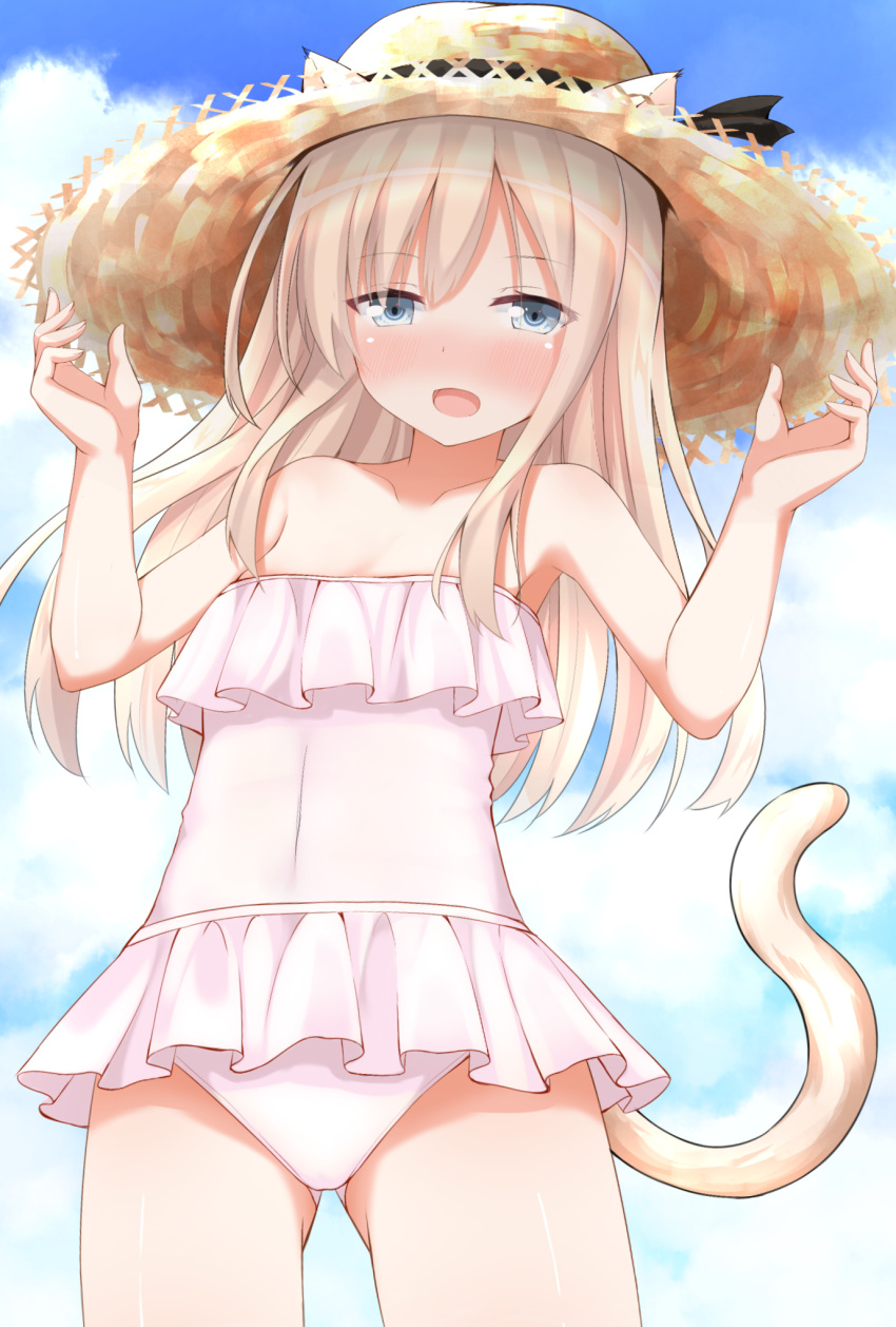 1girl animal_ears bare_shoulders blonde_hair blue_eyes blush cat_ears cat_tail commentary_request covered_navel frilled_swimsuit frills go-1 hat highres kantai_collection long_hair looking_at_viewer one-piece_swimsuit open_mouth smile solo straw_hat swimsuit tail u-511_(kantai_collection) white_swimsuit