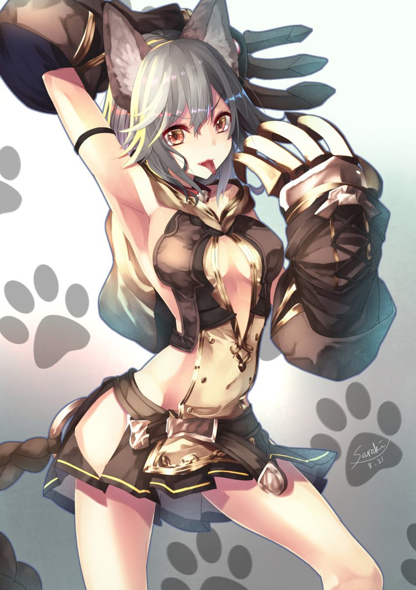 &gt;:3 1girl :3 animal_ears arm_up armband armpits artist_name bangs black_skirt breasts cat_ears cat_paws center_opening claw_(weapon) cleavage collar collarbone covered_navel cowboy_shot dated erun_(granblue_fantasy) eyebrows eyebrows_visible_through_hair fang gloves gradient gradient_background granblue_fantasy grey_hair hair_between_eyes highres hip_vent hood hood_down long_hair looking_at_viewer medium_breasts miniskirt orange_eyes outline paw_gloves paw_print paws pleated_skirt saraki sen_(granblue_fantasy) sideboob skirt smile solo tongue tongue_out weapon