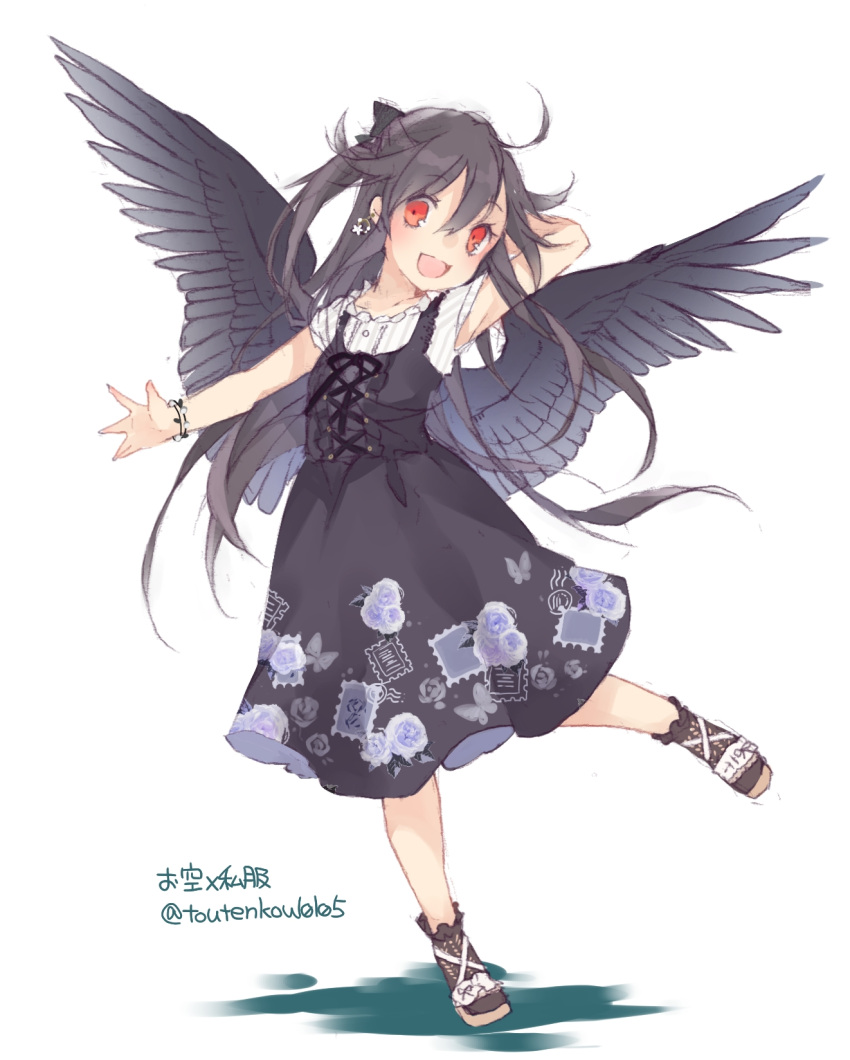 1girl alternate_costume black_hair bow contemporary dress earrings full_body hair_bow highres jewelry long_hair looking_at_viewer open_mouth red_eyes reiuji_utsuho simple_background smile solo touhou toutenkou white_background wings