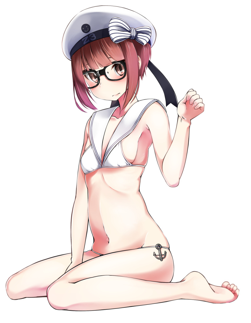 1girl anchor beret bespectacled bikini black-framed_eyewear bow breasts brown_eyes brown_hair glasses hat hat_bow highres kantai_collection kneeling looking_at_viewer military_hat nekobaka sailor_bikini sailor_collar sailor_hat short_hair simple_background sitting small_breasts solo striped striped_bow swimsuit wariza white_background white_bikini white_hat z3_max_schultz_(kantai_collection)