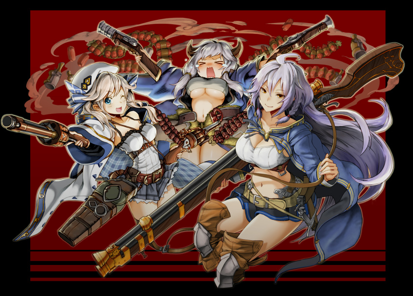 3girls cockadooodledoo cowboy_shot granblue_fantasy highres kukuru_(granblue_fantasy) kumuyu looking_at_viewer multiple_girls silva_(granblue_fantasy) silver_hair