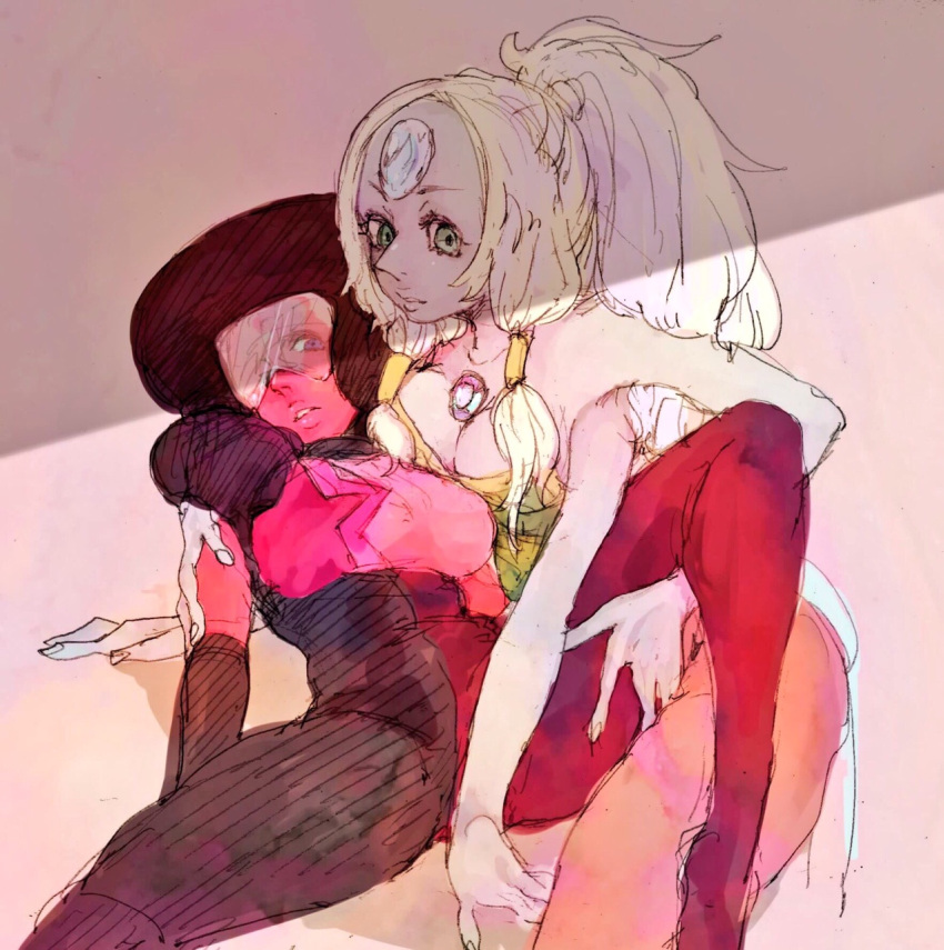 2girls afro breasts cleavage extra_arms forehead_jewel garnet_(steven_universe) gem glasses highres isuhaimo leg_lift looking_at_viewer multiple_girls opal_(steven_universe) silver_hair spread_legs steven_universe sunglasses yuri