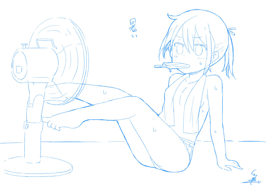 1girl absurdres bangs bare_legs barefoot blue breasts electric_fan highres monochrome mouth_hold original popsicle short_shorts shorts signature sitting sketch small_breasts solo sweat topless towel towel_around_neck tsukigi twintails