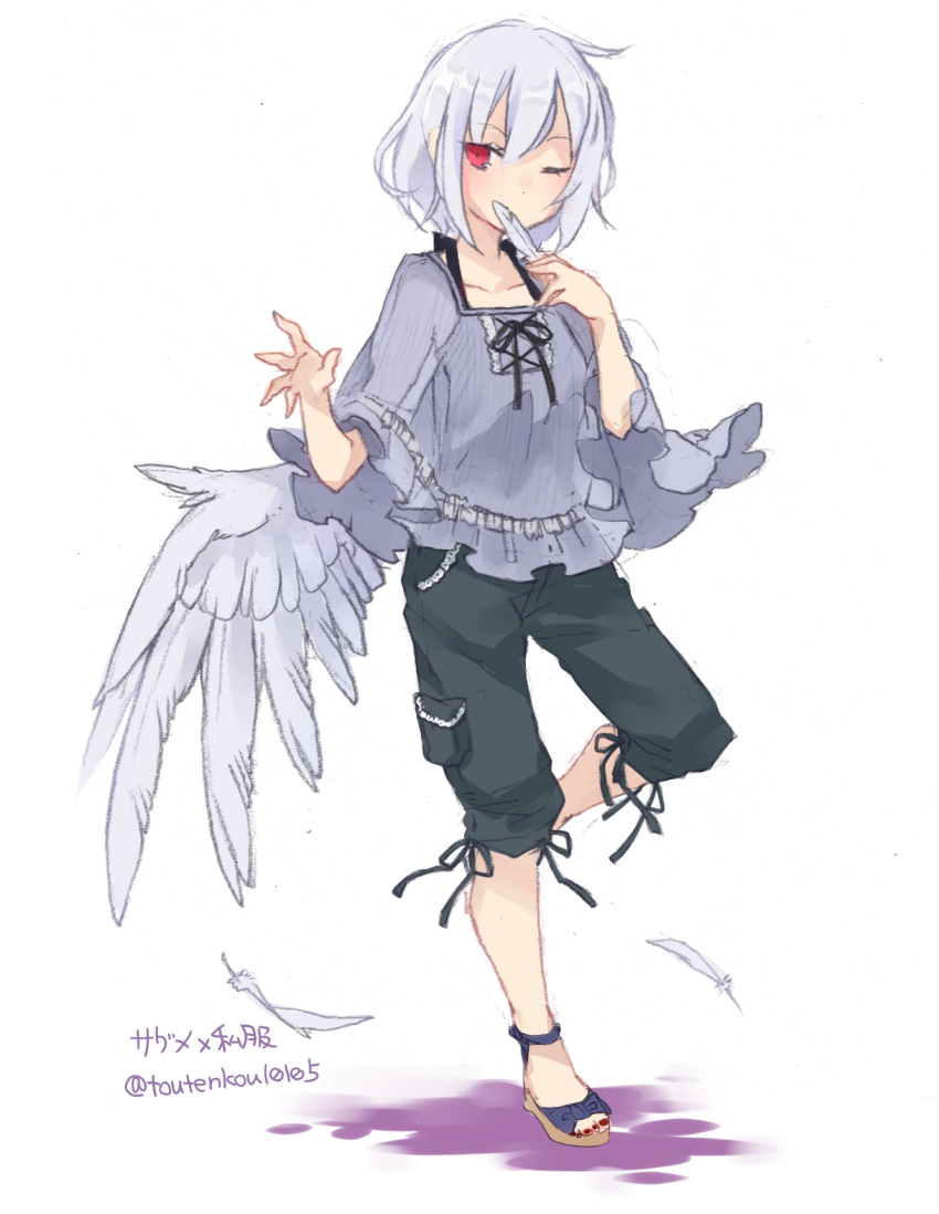 1girl alternate_costume black_pants black_ribbon collarbone contemporary feathered_wings feathers full_body highres kishin_sagume looking_at_viewer nail_polish one_eye_closed pants red_eyes ribbon sandals simple_background single_wing solo standing standing_on_one_leg touhou toutenkou white_background white_hair white_wings wings