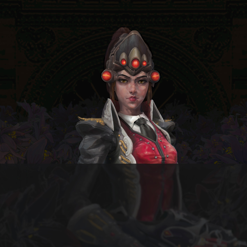 1girl absurdres alternate_costume alternate_hair_color alternate_skin_color black_jacket black_necktie breasts brown_hair collared_shirt craziness expressionless flower_request gun highres holding holding_gun holding_weapon huntress_widowmaker jacket long_sleeves looking_at_viewer medium_breasts necktie nose overwatch pink_lips ponytail purple_flower realistic red_vest shirt solo textless upper_body weapon white_shirt widowmaker_(overwatch) yellow_eyes