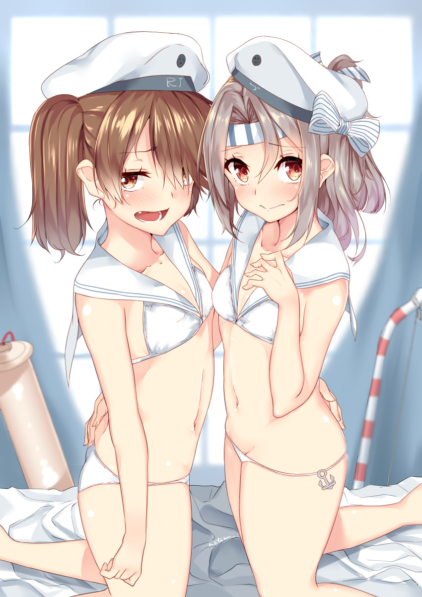 2girls absurdres alternate_costume ass bed bed_sheet beret bikini blush breasts brown_eyes brown_hair character_name cosplay embarrassed fang groin hair_between_eyes hair_over_one_eye hair_ribbon hand_on_another's_hip hat hat_ribbon high_ponytail highres indoors kantai_collection kneeling light_brown_hair long_hair looking_at_viewer matching_outfit micro_bikini midriff multiple_girls nebu_soku open_mouth ribbon ryuujou_(kantai_collection) sailor_bikini sailor_collar sailor_hat shy small_breasts swimsuit twintails wavy_mouth white_bikini white_hat z3_max_schultz_(kantai_collection) z3_max_schultz_(kantai_collection)_(cosplay) zuihou_(kantai_collection)