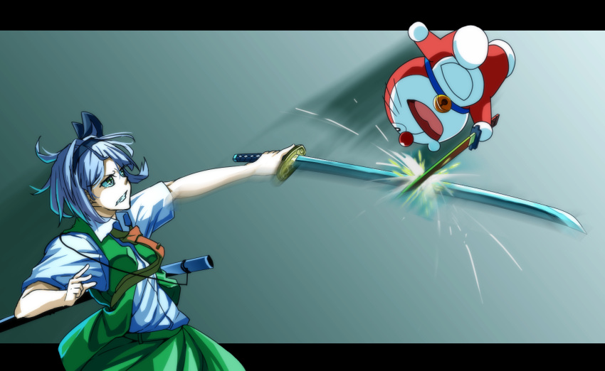 &gt;:( battle bell black_ribbon clenched_teeth collared_shirt crossover doraemon furrowed_eyebrows green_eyes green_skirt green_vest hair_ribbon hairband holding holding_sword holding_weapon jingle_bell katana konpaku_youmu letterboxed manekinekoppoi_inu mini_dora necktie open_clothes open_vest red_necktie ribbon shirt short_hair short_sleeves silver_hair skirt skirt_set sword teeth touhou unsheathed upper_body vest weapon whiskers white_shirt