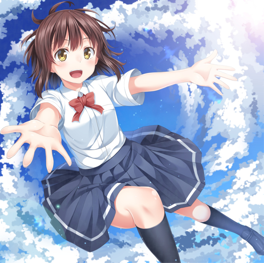 1girl armpit_peek bow brown_eyes brown_hair clouds cloudy_sky open_mouth original outstretched_arms outstretched_hand pleated_skirt school_uniform short_hair skirt sky solo yuuri_nayuta