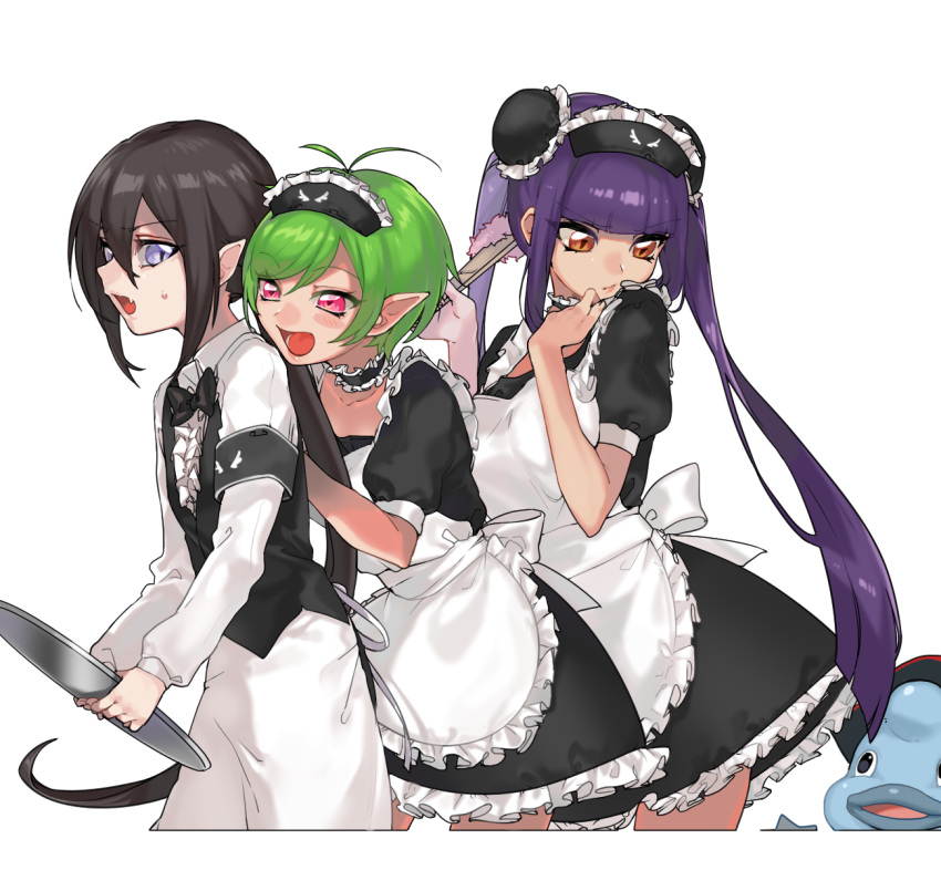 00s 2girls ahoge alala androgynous bangs black_hair blunt_bangs bowtie brown_eyes choker closed_mouth collared_shirt fan fang frills green_eyes lady_bat lanhua long_hair looking_at_another maid maid_headdress mermaid_melody_pichi_pichi_pitch multiple_girls open_mouth pink_eyes pointy_ears purple_hair short_hair simple_background sweatdrop tsurime violet_eyes white_background wntame