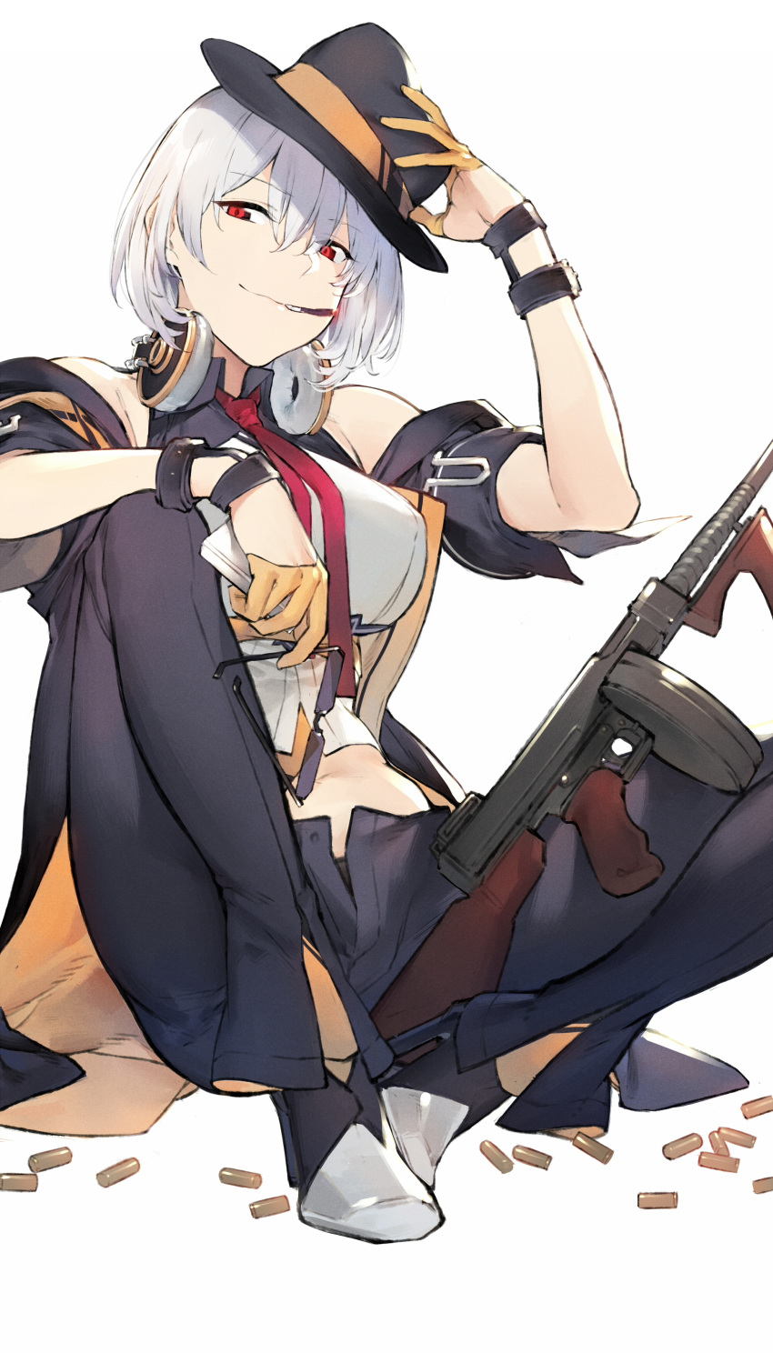 1girl absurdres bare_shoulders breasts cigarette detached_sleeves duoyuanjun eyebrows eyebrows_visible_through_hair fedora girls_frontline glasses gloves gun hand_on_headwear hat head_tilt headphones headphones_around_neck high_heels highres holding large_breasts mouth_hold navel necktie red_eyes shell_casing shoes short_hair short_sleeves simple_background sitting smoking solo submachine_gun sunglasses sunglasses_removed thompson_submachine_gun thompson_submachine_gun_(girls_frontline) unbuttoned weapon white_hair yellow_gloves