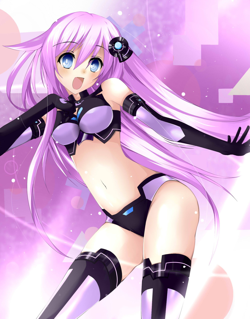 1girl black_gloves blue_eyes choujigen_game_neptune choujigen_game_neptune_mk2 elbow_gloves gloves long_hair looking_at_viewer navel nepgear neptune_(series) open_mouth purple_hair purple_sister solo thigh-highs