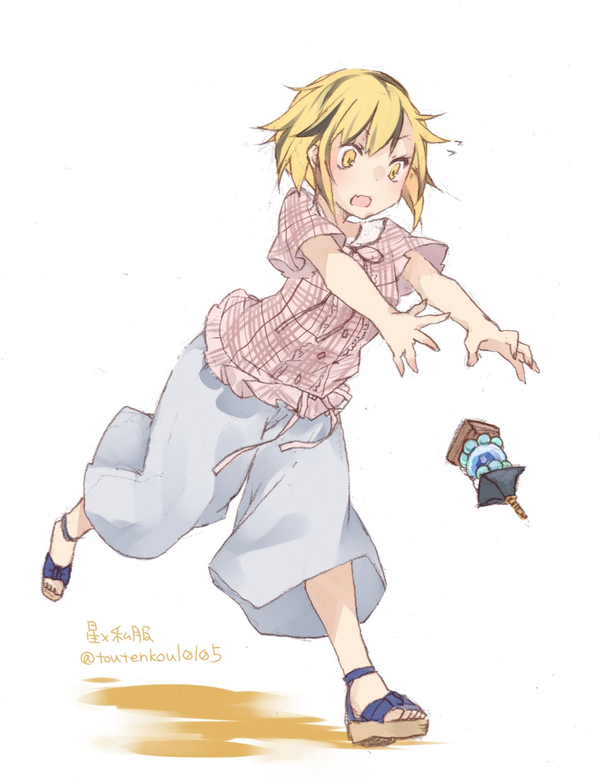 1girl alternate_costume baggy_pants bishamonten's_pagoda black_legwear blonde_hair contemporary full_body highres multicolored_hair open_mouth outstretched_arms pants running sandals short_hair simple_background solo toramaru_shou touhou toutenkou two-tone_hair white_background