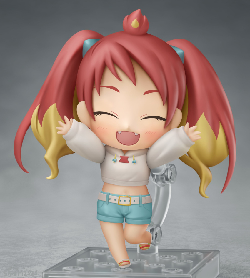 1girl :d ^_^ arms_up bangs belt blonde_hair blue_shorts chibi closed_eyes denim denim_shorts drawstring fangs figure_stand grey_background hairband hands_up highres hikasa_tomoshika hood hoodie long_sleeves midriff multicolored_hair navel nendoroid open_mouth redhead sandals shiori2525 shorts simple_background sleeves_past_wrists smile solo twintails two-tone_hair virtual_youtuber voms white_belt white_hoodie