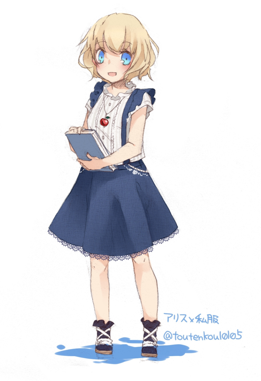1girl alice_margatroid alternate_costume blonde_hair blue_eyes book character_name contemporary full_body highres jewelry looking_at_viewer necklace open_mouth sandals shirt short_hair short_sleeves simple_background skirt smile socks solo text touhou toutenkou twitter_username white_background