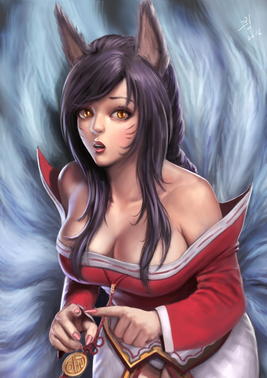 1girl 2016 ahri animal_ears bare_shoulders black_hair breasts cleavage collarbone dated detached_sleeves facial_mark fingernails fox_ears fox_tail highres korean_clothes large_breasts league_of_legends leaning_forward lips lipstick long_fingernails makeup multiple_tails nail_polish nose open_mouth qoiwrng red_lipstick sharp_fingernails slit_pupils solo tail teeth upper_body whisker_markings wide-eyed yellow_eyes