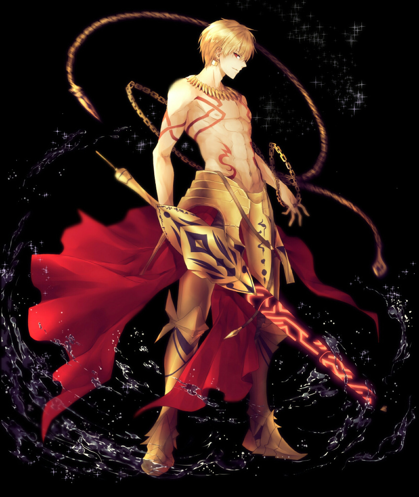 1boy abs armor armored_boots black_background blonde_hair boots commentary_request fate/grand_order fate/strange_fake fate_(series) gilgamesh highres male_focus muscle red_eyes shirtless solo sword tattoo weapon yuririensu