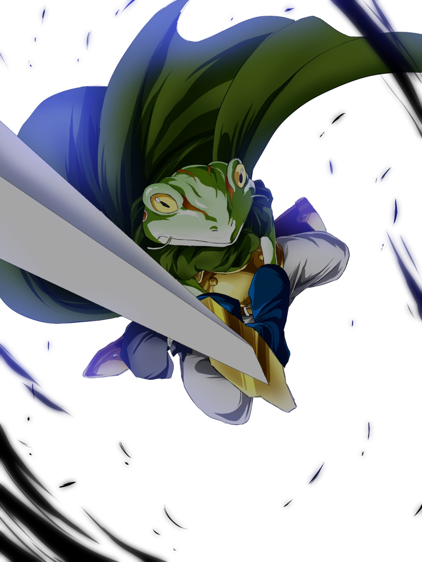 90s cape chrono_trigger frog gloves highres kaeru_(chrono_trigger) nekominase no_humans solo sword weapon