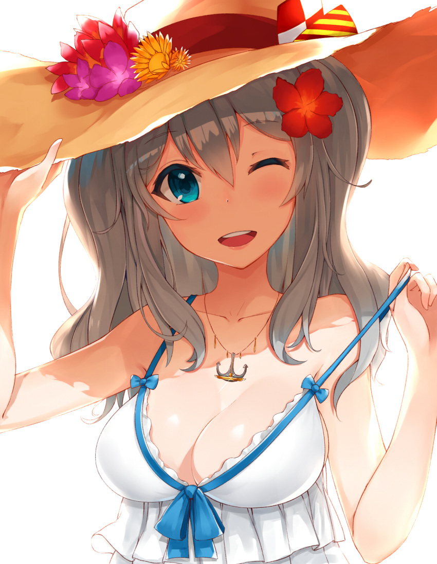 1girl ;d anchor_symbol bare_arms bare_shoulders blue_eyes bow breasts cleavage dress flower hair_between_eyes hair_bow hair_flower hair_ornament hand_on_headwear hat hat_flower highres jewelry kantai_collection kashima_(kantai_collection) large_breasts long_hair looking_at_viewer mhong one_eye_closed open_mouth pendant pulled_by_self silver_hair smile solo strap_pull sun_hat twintails upper_body wavy_hair white_dress