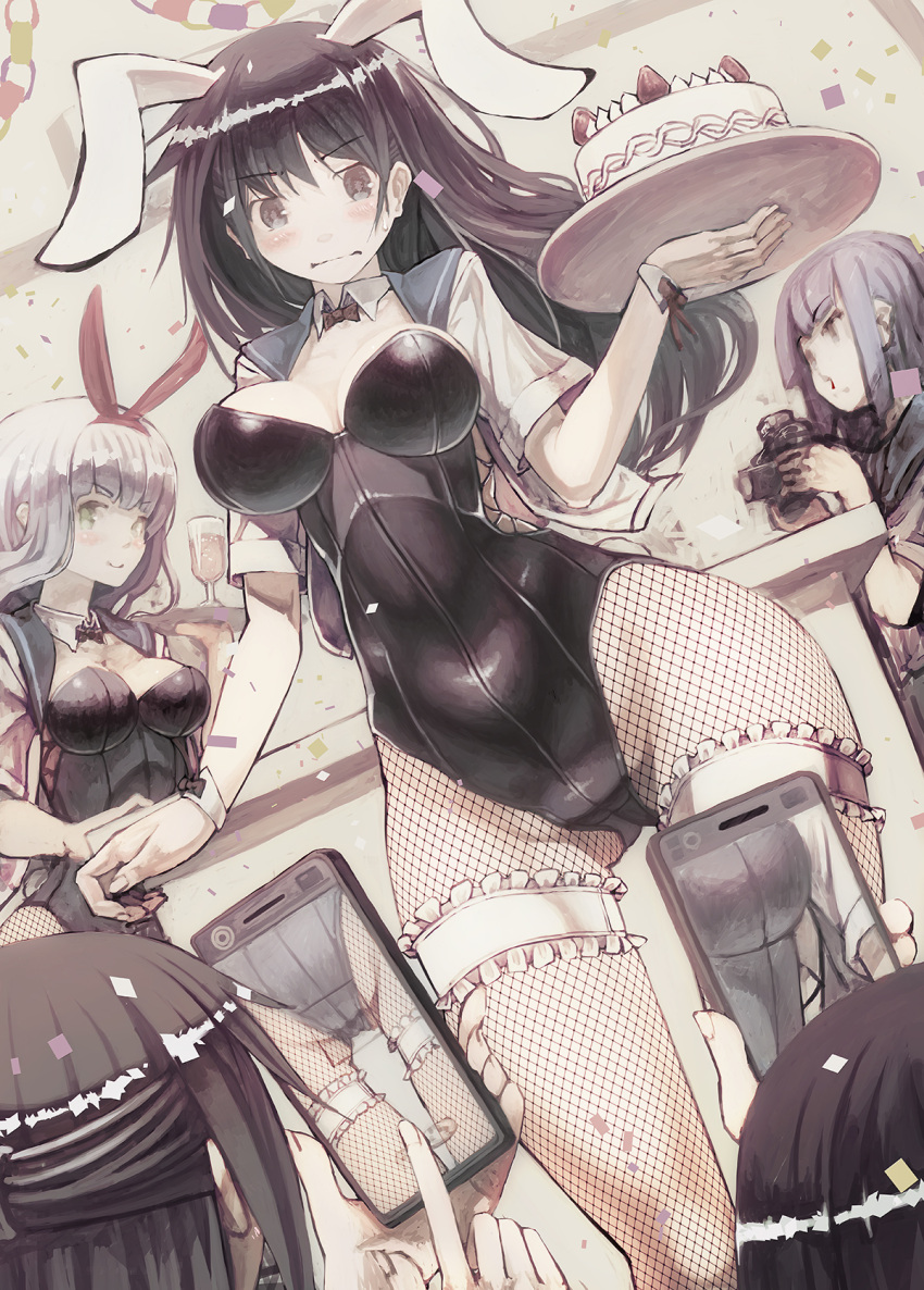 5girls animal_ears black_hair bow bowtie bunny_tail bunnysuit cake camera cellphone confetti cup detached_collar drink drinking_glass embarrassed fishnet_pantyhose fishnets food garters half_updo highres long_hair multiple_girls muted_color original pantyhose phone rabbit_ears sailor_collar sailor_shirt shirt silver_hair smartphone tail taking_picture tefec tray wavy_mouth wine_glass wrist_cuffs