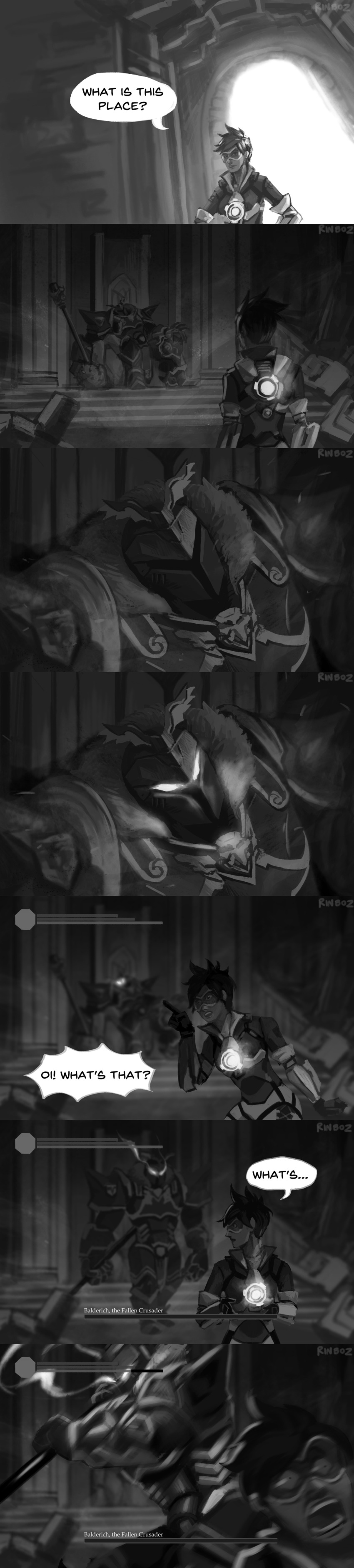 absurdres alternate_costume comic dark_souls greyscale health_bar highres long_image monochrome overwatch parody reinhardt_(overwatch) souls_(from_software) tall_image tracer_(overwatch)