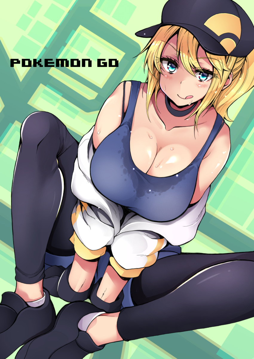 10s 1girl :q bare_shoulders baseball_cap black_legwear blonde_hair blue_eyes blush breasts choker cleavage collarbone copyright_name cropped_jacket dutch_angle female_protagonist_(pokemon_go) fingerless_gloves gloves hat highres large_breasts leggings long_hair looking_at_viewer off_shoulder pokemon pokemon_go ponytail sacha shoes smile sneakers solo sweat sweat_stain sweating tank_top tongue tongue_out wet wet_clothes