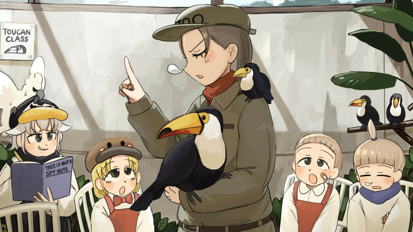 5girls :o absurdres animal_on_arm animal_on_shoulder bandaid bandaid_on_face bird bird_on_arm bird_on_shoulder black_scarf blonde_hair blue_scarf bow bowtie brown_hair brown_jacket closed_eyes cockatoo diva_(hyxpk) donut_stamp duck english_commentary girl_with_boyish_hair_(diva) grey_hair hat highres index_finger_raised jacket multiple_girls nose_bubble notebook overalls pencil penguin_fan_(diva) penguin_hat penguin_keeper_(diva) red_bow red_bowtie red_overalls scarf shirt short_hair topknot_girl_(diva) toucan toucan_keeper_(diva) white_shirt zoo zookeeper zookeepers_(diva)