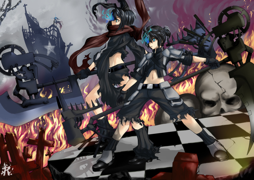 black_rock_shooter black_rock_shooter_(character) black_rock_shooter_(cosplay) blue_eyes checkered cosplay fire glowing glowing_eyes highres kagamine_len kagamine_rin midriff parody polearm realmbw realmbw_(artist) ruins scarf scythe shorts skull star vocaloid weapon