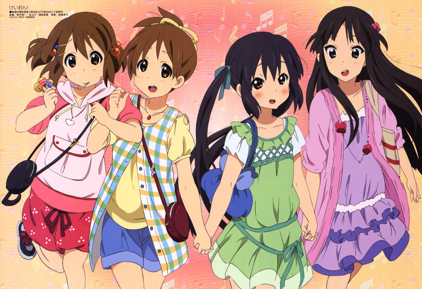 absurdres akitake_seiichi akiyama_mio candy casual chupa_chups highres hirasawa_ui hirasawa_yui holding_hands k-on! lollipop megami multiple_girls musical_note nakano_azusa official_art