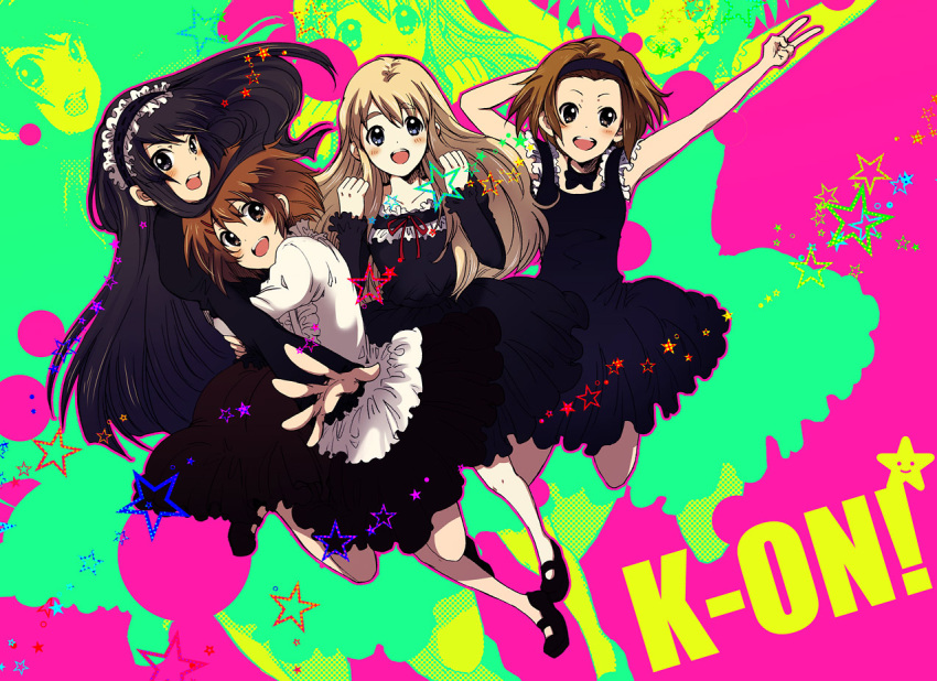 akiyama_mio bad_id black_eyes black_hair blonde_hair blue_eyes blush brown_eyes brown_hair dress frills fuwafuwa_time gothic_lolita hairband hirasawa_yui hug k-on! kotobuki_tsumugi lolita_fashion long_hair moha multiple_girls no_legwear short_hair star tainaka_ritsu