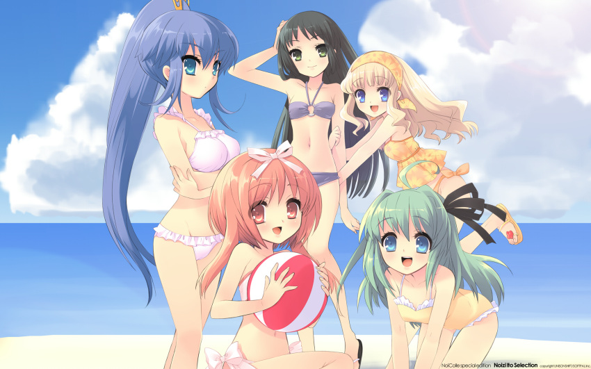 :d akihime_sumomo aqua_eyes ball beach beachball bikini blonde_hair blue_eyes blue_hair breasts casual_one-piece_swimsuit flora green_hair highres itou_noiji julirsia koiwai_flora multiple_girls nadeshiko nanatsuiro_drops nona ocean one-piece_swimsuit open_mouth ponytail red_eyes red_hair sand satsuki_julirsia sky smile sumomo swimsuit wallpaper yaeno_nadeshiko yuuki_nona