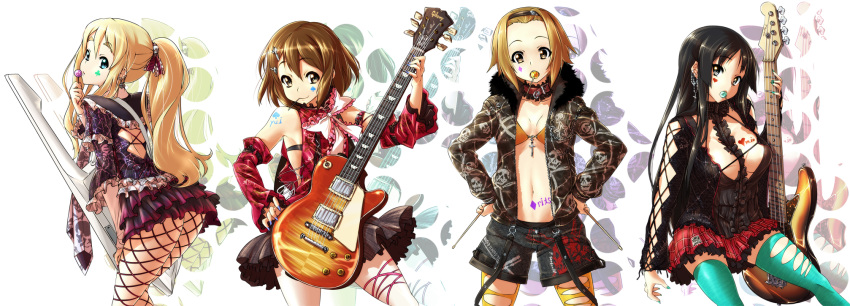 akiyama_mio bare_shoulders bass_guitar candy card cleavage clubs collar diamond_(shape) drumsticks fashion fishnet_pantyhose fishnets guitar hands_on_hips heart highres hirasawa_yui instrument k-on! keytar kotobuki_tsumugi lollipop long_image mouth_hold multiple_girls nail_polish navel nekomamire open_shirt pantyhose playing_card shorts skirt spade tainaka_ritsu thigh-highs thighhighs tomboy white wide_image