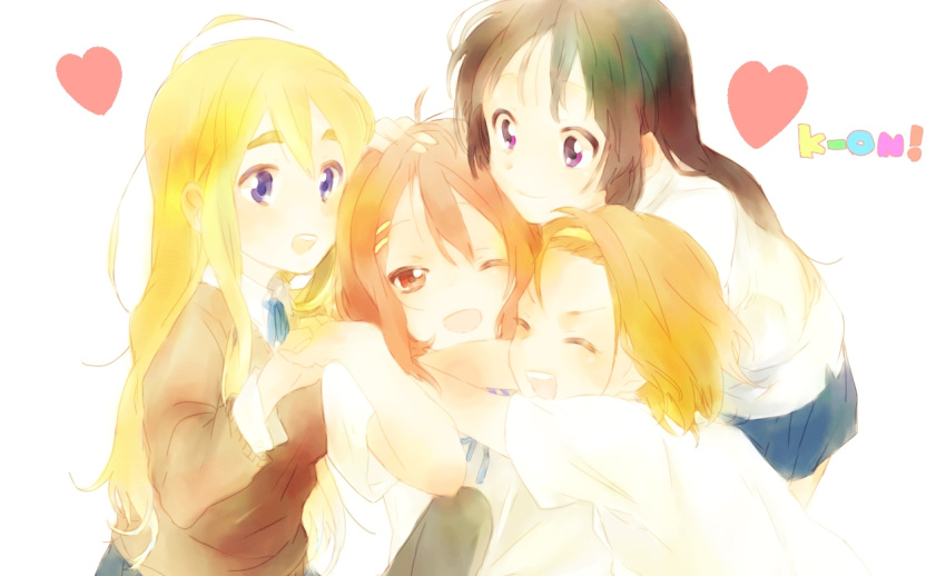 akiyama_mio bad_id closed_eyes group_hug hirasawa_yui hug k-on! kotobuki_tsumugi multiple_girls nicolat open_mouth school_uniform smile tainaka_ritsu wink