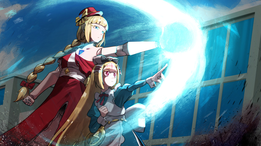 2girls absurdres blonde_hair blue_eyes blue_sky bow braid braided_ponytail building clouds day dress energy energy_barrier expressionless hair_bow hat highres joints long_hair mahou_shoujo_ni_akogarete makotogab mixed-language_commentary morino_korisu multiple_girls nero_alice outdoors pointing porkpie_hat roboko_(mahou_shoujo_ni_akogarete) robot_girl robot_joints sky very_long_hair violet_eyes