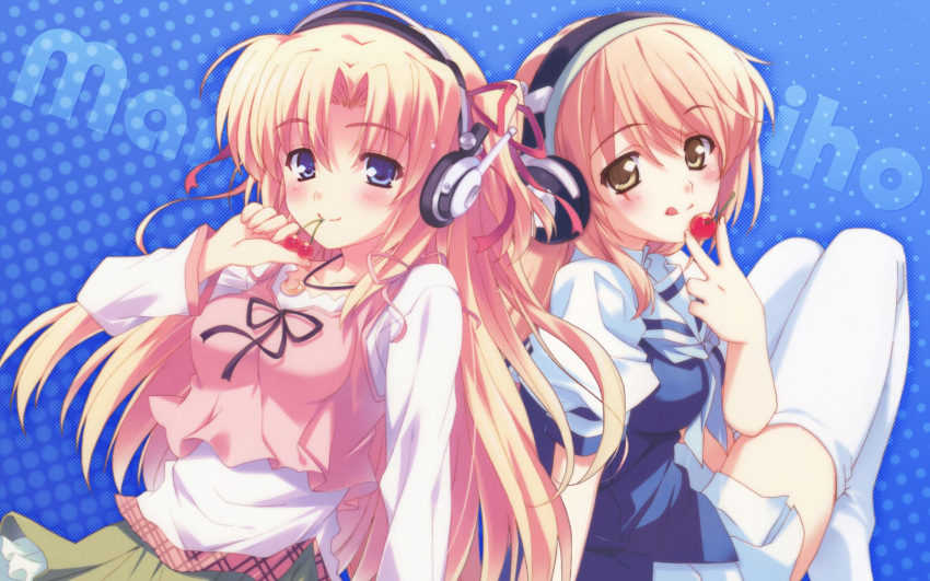 2girls cherry headphones marie_rudel sakura_strasse thigh-highs
