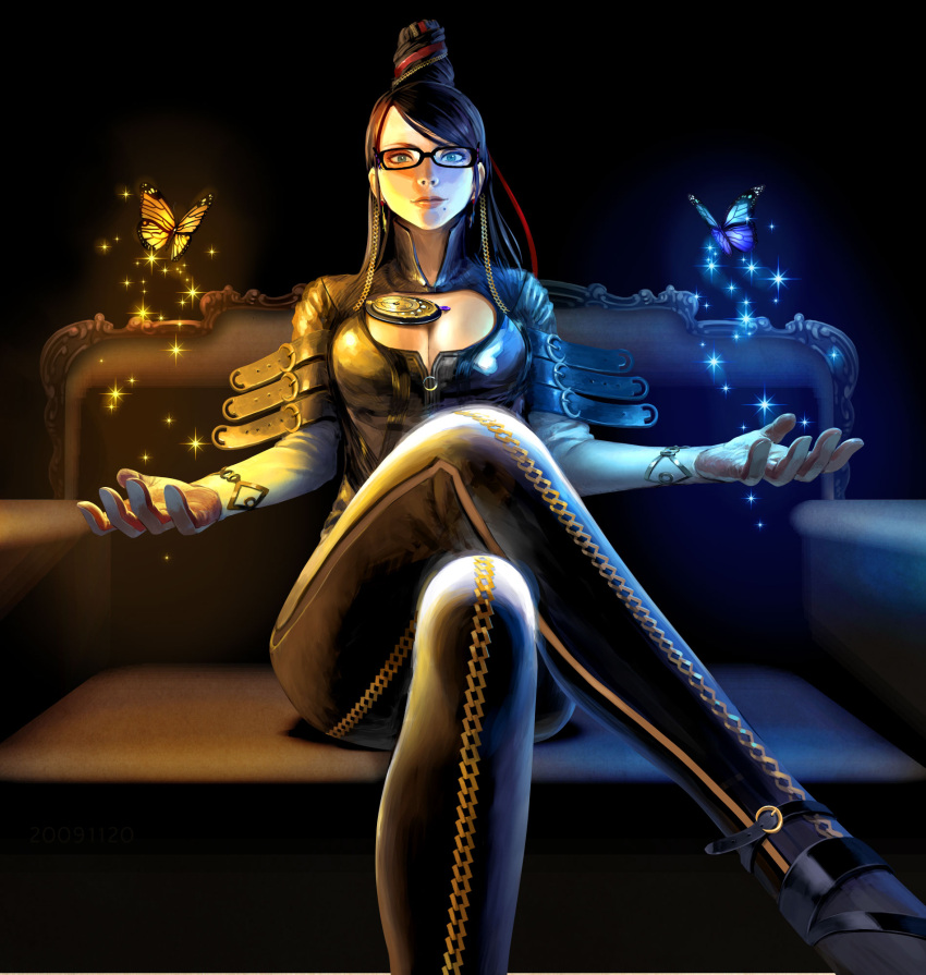 bayonetta bayonetta_(character) black_hair blue_eyes bodysuit breasts butterfly cleavage cleavage_cutout couch crossed_legs earrings elbow_gloves glasses gloves hair_bun hair_ribbon high_heels highres jewelry kiharatotsunori lips long_hair glasses mole ribbon shoes sitting smile solo