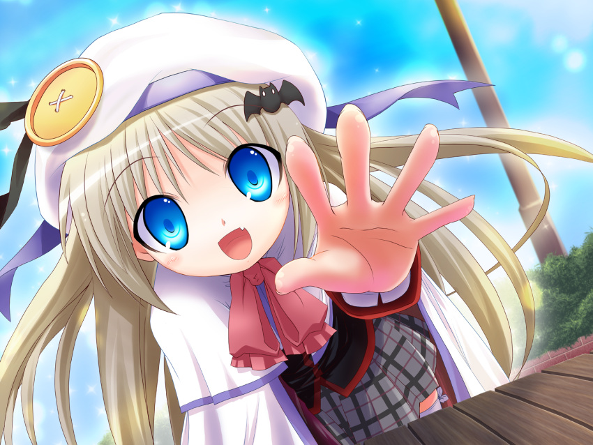 beret blonde_hair blue_eyes blush buttons cape fang hair_ornament hairclip hands hat highres hirose_madoka large_buttons little_busters!! long_hair noumi_kudryavka outstretched_arm outstretched_hand plaid plaid_skirt reaching ribbon school_uniform silver_hair skirt smile