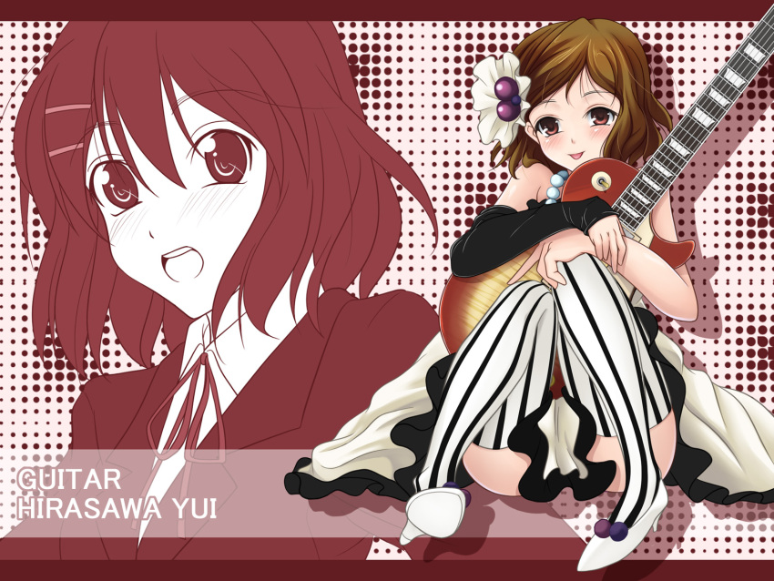 bad_id blush brown_eyes brown_hair don't_say_"lazy" fujimori_mikan guitar highres hirasawa_yui instrument k-on! school_uniform sitting solo striped thighhighs vertical-striped_legwear vertical_stripes